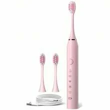 3 cabezales de repuesto para cepillo de dientes eléctrico, IPX7 a prueba de agua, 5 modos de limpieza, larga duración de la batería, recargable por USB, cepillo de dientes eléctrico para adultos, color rosa - Rosa - Ver 10