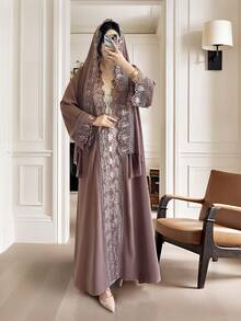 女士睡袍套装，蕾丝边开襟睡袍配雪纺头巾 - 轻盈、优雅、透气，适合春夏穿着，棕色优雅派对礼服 - 摩卡棕 - 查看 3