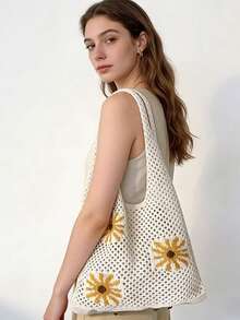 1个针织手提包，菊花图案，部分提花菊花针织工艺，女士单肩包，涤纶材质