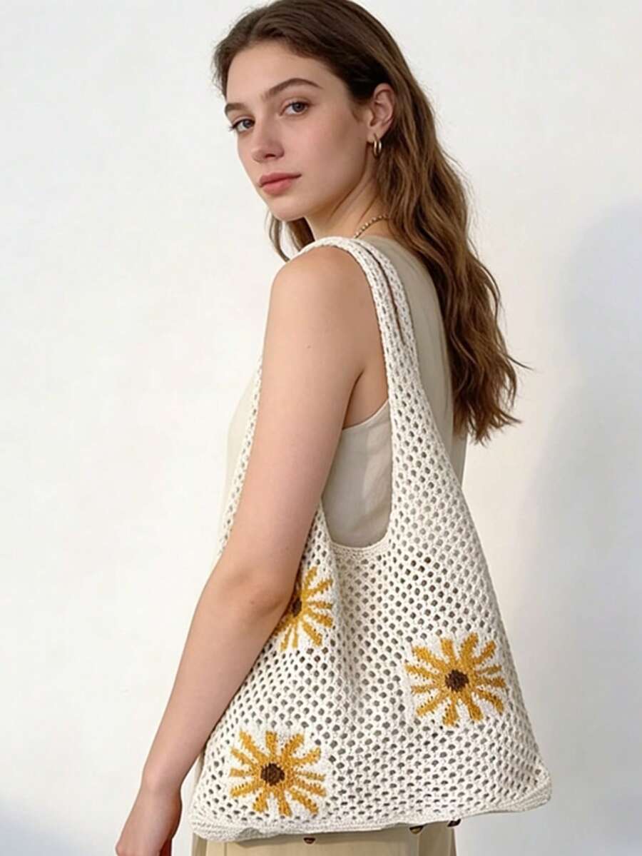 1个针织手提包，菊花图案，部分提花菊花针织工艺，女士单肩包，涤纶材质