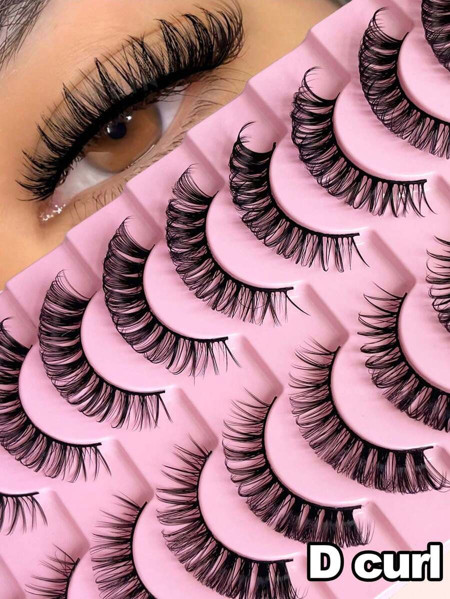 10 Pairs D-Shape Striped Russian False Eyelashes, Cat Eye Style, Natural & Fluffy, Enhance Eye Charm, Suitable For Daily Makeup, Reusable, Ideal For Beginners - Fluffy Lashes - View 1