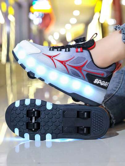 儿童/青少年四轮溜冰鞋，男女童轮滑鞋，小型四轮溜冰鞋，LED可充电发光鞋