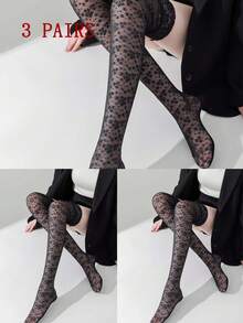 3 đôi tất dài đến đùi cho nữ, màu đen trắng, viền ren, chất liệu lưới mỏng, mềm mại và thoải mái, thích hợp cho thời tiết ấm áp, mùa xuân/hè. - Nhiều màu - Xem 12