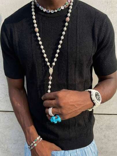 Suéter de cuello redondo de manga corta de punto de unicolor casual unisex estilo europeo y americano de primavera/verano de ANDREILEE