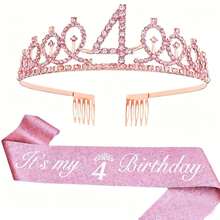 2pcs/Set 4th 5th 6th 7th 8th 9th Birthday Decorations For Girls - Pink Birthday Crown, Glitter Sash, For Girls 4/5/6/7/8/9 Year Old Party Supplies Outfit Gift - Rose Gold - View 10