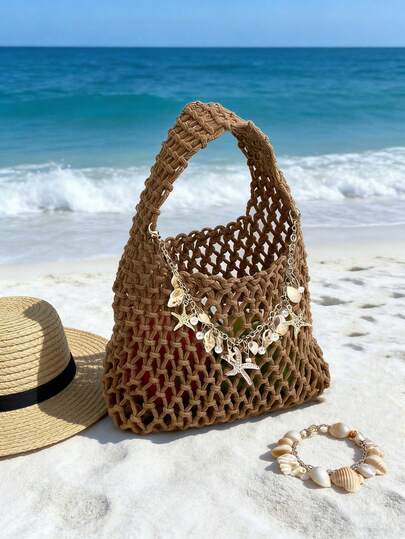 Túi tote đi biển kiểu Boho đan móc với mặt dây chuyền hình sao biển, túi xách lưới dệt, lý tưởng để đựng đồ dùng cần thiết khi đi biển, phù hợp cho người đi biển, phụ nữ, du khách, những người đam mê thời trang, hoàn hảo cho các chuyến đi biển, những ngày thư giãn bên hồ bơi, dã ngoại, đa năng như túi đi biển, túi tote và phụ kiện mùa hè cho phong cách ven biển sành điệu và đồ dùng ngoài trời thiết thực.