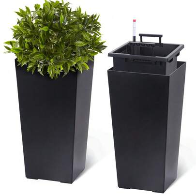 CuisinSmart 2 Pcs Tall Planters 16"/22",Large Planters For Indoor Outdoor Plants With Drainage Holes&Water Level Monitor&Inner Bucket,High Front Porch Planter Pots With Automatic Watering White/Black