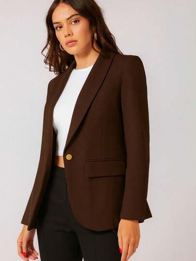 MODA MO,REF:H1074 -  Blazer Feminino com Gola Xale e Botão Único, Uniforme de Trabalho, Branco, Casual Business, Manga Longa, Outono