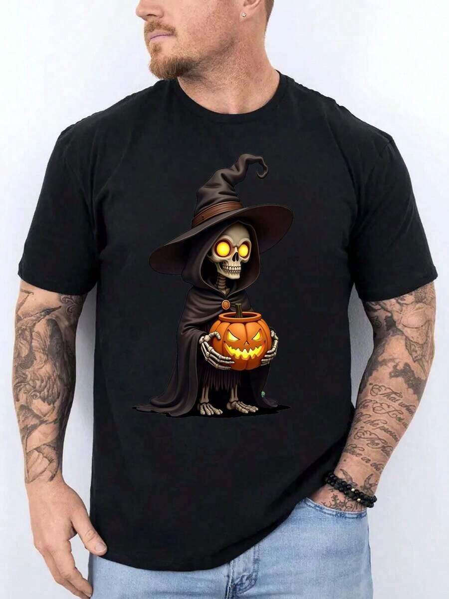Camiseta de Bruja Esqueleto, Camiseta de Moda Casual de Algodón Puro Peinado de Manga Corta y Cuello Redondo para Hombres y Mujeres, para Halloween Z6SE - Negro - Ver 1
