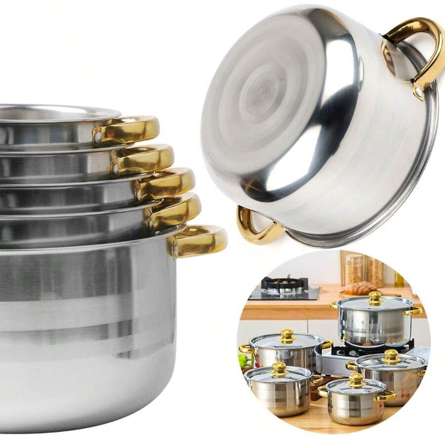 10pcs (5 Pots + 5 Lids) Multi-Purpose Kitchen Stainless Steel Cookware Saucepan Set, For Soup, Hot Pot, And Noodles - 5 Pots + 5 Lids - View 1