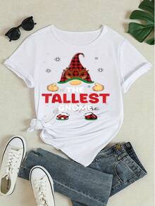 T-shirt grafica a tema natalizio da donna, con stampa "Il Gnomo più Alto", collo a giro, maniche corte, casual, adatta per feste natalizie - Bianco - Visualizzare 4
