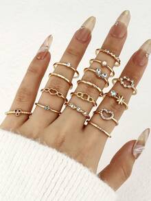 15 Bohemian Style Heart-Shaped Geometric Rhinestone Simple Wavy Finger Ring, Street Style, Suitable For Women's Daily Wear, Dates, Parties, Valentine's Day, Anniversaries, Gifts For Girlfriends And Friends (Including Size Guide, Please Handle With Care) - Multicolor - View 1