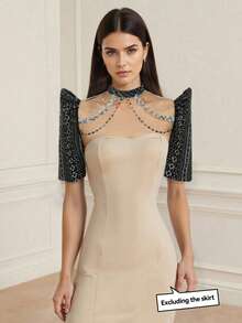 Amyenjoylife 现代菲律宾风蝴蝶袖可拆卸袖时尚优雅女士露肩上衣（不含裙子） - 黑色 - 查看 3