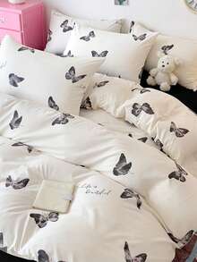 Bộ chăn ga gối họa tiết bướm thanh lịch 4 món (1 vỏ chăn, 2 vỏ gối, 1 ga trải giường phẳng), phong cách nghệ thuật hiện đại không có ruột, phù hợp với giường đơn/đôi/giường King, mọi mùa - Xám - Xem 11