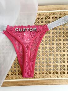 Personalized Name Thong, Shiny Crystal English Letters, Lace Silvery Belt Underwear T-Pants, Women'S See-Through Glitter Panties, G-String, Custom Name Couple Gift, Single Party Gift, Sexy Lace Thong With Custom Letters, For Lover, Girlfriend, Wife'S Birthday/Valentine'S Day/Air Conditioner/New Year/Holiday/Honeymoon Gift/Wedding Shower Present - Rose Red - View 2