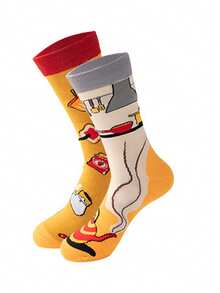 男士中筒袜一双，不对称设计，创意咖啡图案，时尚透气吸湿，适合日常穿着、度假、送礼、休闲及运动场合。 - 彩色 - 查看 10