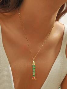 Micro-Inlaid Zirconia Copper Fish Pendant Necklace, Suitable For Women's Daily, Party And Vacation Matching - Multicolor - View 2