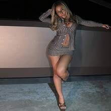 New Spring/Autumn Fashionable And Simple Striped Long-Sleeved Collared Button-Down Sexy Bodycon Mini Skirt Set - 棕色 - 查看 2