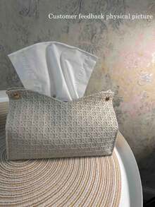 1 件纯色编织图案压花面巾架套装，厚复合面料桌面立式纸巾架，适用于办公室、餐厅、酒吧、客厅或卧室 - 彩色 - 查看 9