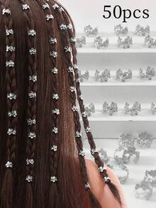 50pcs Silver Miniature Flower Hair Rings For Girls Hair, DIY Hair Accessories, Suitable For Braiding, Extensions Or Earring Decor - Silver - View 6