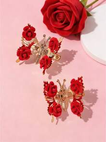 2个/4个装 女孩红色植绒玫瑰优雅甜美蝴蝶一体式侧刘海金属发夹，适合节日、情人节、派对等场合