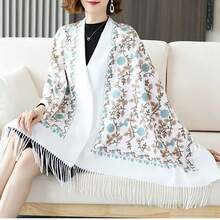 1pc Women's Autumn/Winter Faux Cashmere Embroidered Scarf, Thick Warm Tasseled Embroidered Bohemian Style Travel Shawl Poncho - White - View 7