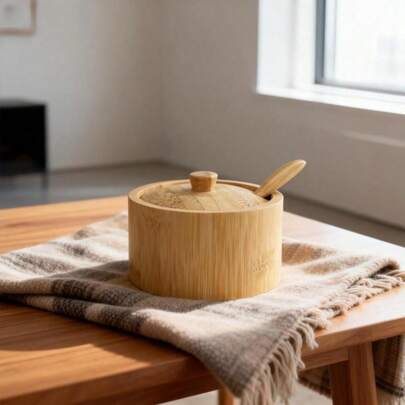 竹制盐罐配迷你勺，厨房盐盒带密封盖，圆形盐罐，可存放胡椒粉、香料、浴盐、海盐等，女士之选