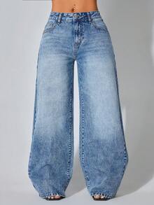 Quần jeans ống rộng cạp thấp màu xanh dương dáng casual, có túi xéo, thích hợp mặc mùa hè/xuân. - Rửa tối - Xem 6