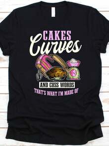 Men'S Vintage Graphic T-Shirt - Funny Cake & Coffee Lover Design With "Cakes Curves & Cuss Words" Slogan, Pink Cupcake & Donut Print, 3XL White Retro Foodie Tee For Casual Wear, Birthday Party Outfits & Baking Enthusiasts (Adult Sizes) - màu đen - Xem 5