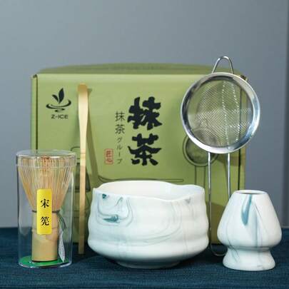 5-Piece "Flower Blossom Elegant Collection - Ink Wash Tea Mood" Gift Set (Songstyle Bamboo Whisk + Ink Wash Ceramic Tea Bowl + Stainless Steel Tea Strainer + Bamboo Tea Scoop + Whisk Holder) | Flower Blossom Festival Tea Ceremony / Girlfriend Gift, Traditional Chinese Aesthetics + Complete Matcha Preparation Tools