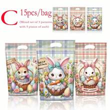 15个/包（3种设计，每种5个）复活节彩色兔子彩蛋糖果饼干自封袋，节日派对礼品包装袋 - 彩色 - 查看 10