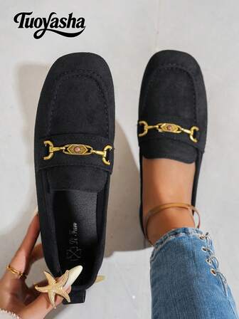 新款时尚金属扣装饰绑带一脚蹬鞋，时尚乐福鞋，舒适防滑，百搭设计，适合日常穿着和通勤。