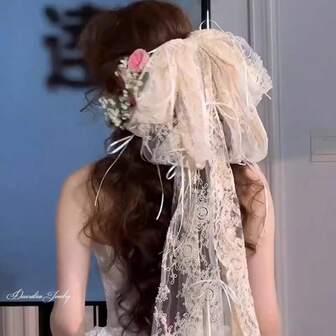 Accesorios para el cabello de novia Lazo de encaje Horquilla con cinta, tocado de estilo francés champán para vestido de novia