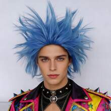 男女通用耐热短款蓬松直发亮蓝色合成动漫角色扮演假发，男女通用愤怒假发，完美适用于音乐节和疯狂的服装造型，适合派对、学校嘉年华、音乐会、度假、摄影、主题活动、动漫展、展览、舞台表演等场合。