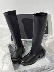 New Autumn/Winter Brown Over-The-Knee Chunky Heel Slim Boots, Classic Black Mid-Calf Riding Boots, Fashion Tall Boots For Women,Party - 黑色 - 查看 6