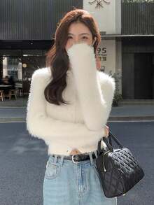 女士圆领开衫毛衣，秋冬新款，娇小休闲叠穿上衣 - 杏色 - 查看 8