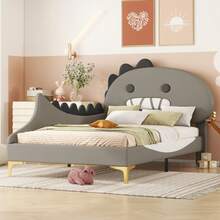 Children's Bed 90 X 200 Cm, Dinosaur Pattern, Flat Bed, Made Of Polyurethane, Grey