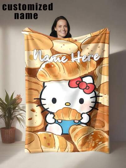 Sanrio 1 pieza Manta personalizada con tema de Hello Kitty, se puede personalizar con nombre, con Hello Kitty como personaje principal, acompañada de croissant y otros elementos de repostería, tono general cálido, estilo lindo y acogedor - Suave y cómoda, lavable a máquina, funda de almohada de tela de poliéster estampada digitalmente, adecuada para sofá, cama, viaje, camping, sala de estar, oficina, asiento - Adecuada como regalo para familiares y amigos