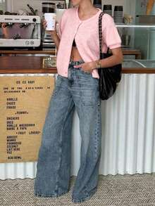 FOR BEAUTY 春夏新款纯粉色针织开衫，女士圆领短袖纽扣针织开衫，时尚简约浪漫休闲街头风，适合约会、日常通勤、情人节、新年、嘉年华等场合。 - 粉色 - 查看 6