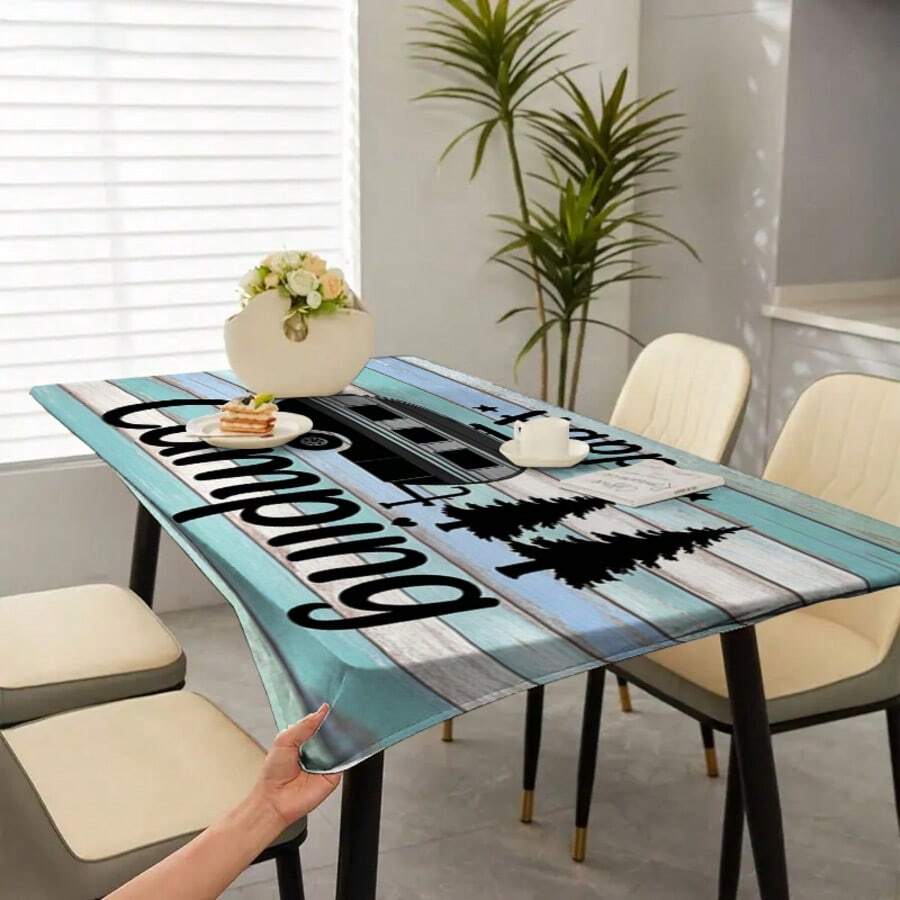 1 chiếc khăn trải bàn viền co giãn, khăn trải bàn chủ đề cắm trại vui vẻ với họa tiết xe cắm trại cổ điển và cây thông, thích hợp cho dã ngoại ngoài trời và trang trí nhà cửa, sử dụng trong nhà/ngoài trời.