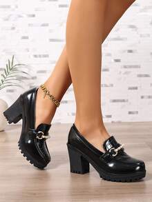 女士鳄鱼纹厚底高跟鞋，珍珠装饰，时尚百搭，适合通勤、购物、日常穿着，春秋季必备 - 黑色 - 查看 3