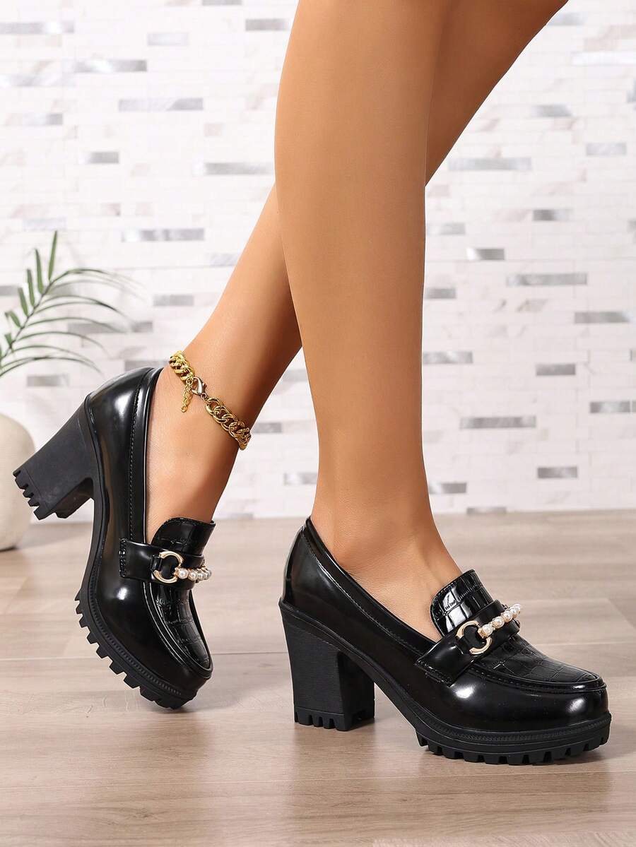 Women's Crocodile Embossed Thick Sole High Heel Shoes With Pearl Decor, Fashionable, Suitable For Commuting, Shopping, Daily Wear, Versatile, Spring/Autumn - Black - View 1