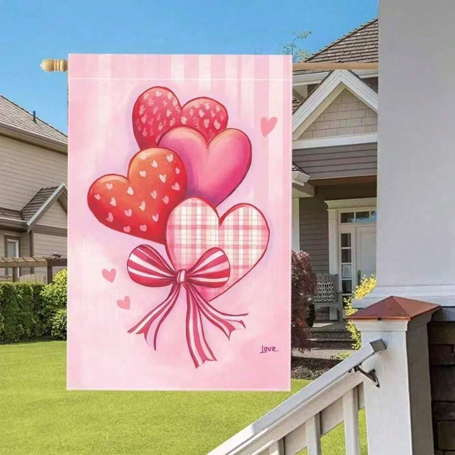 1pc Valentine'S Day Heart Balloon Garden Flag, Double-Sided Polyester Outdoor Yard Decor, Love-Themed Flower Bouquet Design, 28x40 Inches, For Home & Garden Decoration - Mix - 查看 1