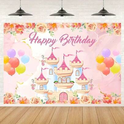 1pc Birthday Castle Backdrop Banner With Balloons And Flowers Design, Suitable For Birthday Celebrations, Anniversaries, Holiday Celebrations, Cake Table Backdrop Decoration, Special Backdrop For Photo Studio, Indoor And Outdoor, Wall, Courtyard, Corridor Decoration Backdrop, Party Supplies, Family Gatherings