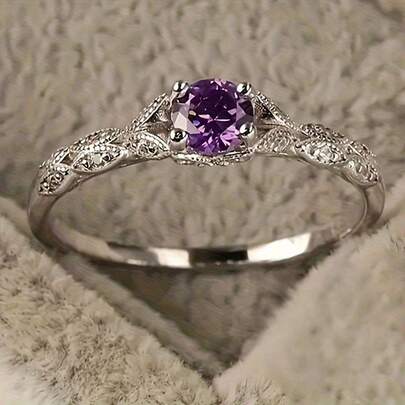 Elegant Silver-Plated Anniversary Ring With Amethyst - A Perfect Choice For Brides And Casual Wear, Suitable For Everyday Use, Fall And Winter Jewelry For Men And Women, Holiday Gift, Halloween, Christmas, And All Occasions