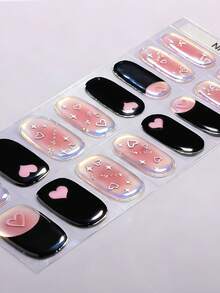 16pcs Semi-Cured Gel Nail Stickers, Sweet Personalized Valentine's Day Heart Glitter Crystal Nail Stickers, Sweet & Cool Pink-Black Ombre Nude Pink, Seamless Transition For Daily & Party, Requires UV Lamp, Long-Lasting, Women & Girls Daily, Valentine's Day, Party Theme DIY Fashionable Nail Art Supplies - Pink - View 3