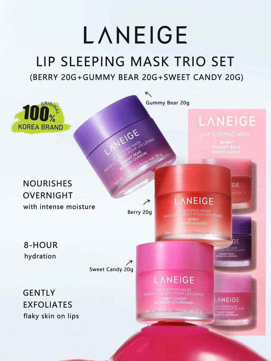 Laneige 唇部睡眠面膜三件套（浆果味 20g，小熊软糖味 20g，甜糖果味 20g），凝胶霜质地，柔滑不粘腻，夜间深层修护，持久保湿，韩妆，韩国彩妆