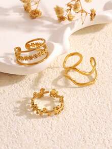 3pcs/Set Stainless Steel 18K Gold Plated Floral Line Personalized Hip Hop Rings Set, Suitable For Women Daily Wear And Party - Multicolor - View 5