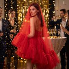 1pc Red Romantic Ruched Fringe Sheer Bridal Veil, Cascading Veil Bridal Accessory - Red - View 2