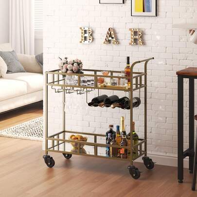 Techigher Bar Cart, Home Bar Serving Cart, 2 Tier Rolling Beverage Cart With Wheels, Modern Wine Cart With Wine Rack & Glass Holder For Kitchen, Living Room, Dinning Room